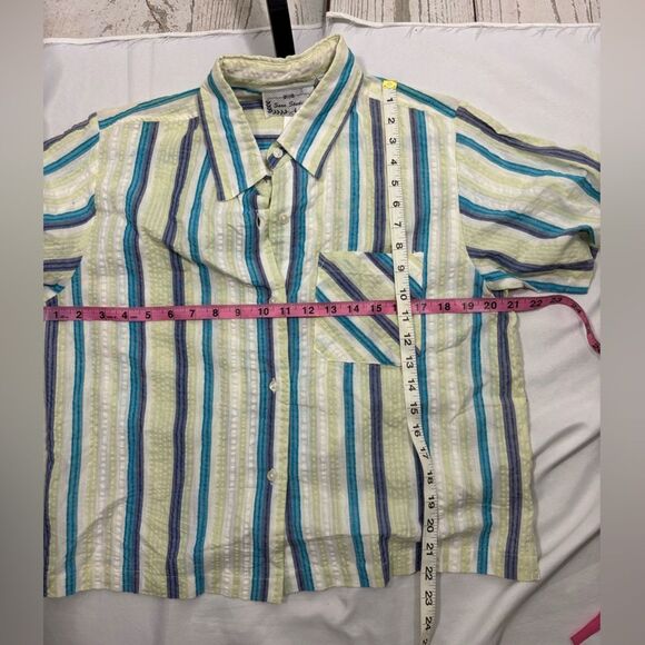 NWT Sara Studio Women’s Button-Up Shirt Striped Green Blue Short Sleeve Pocket - Picture 6 of 7